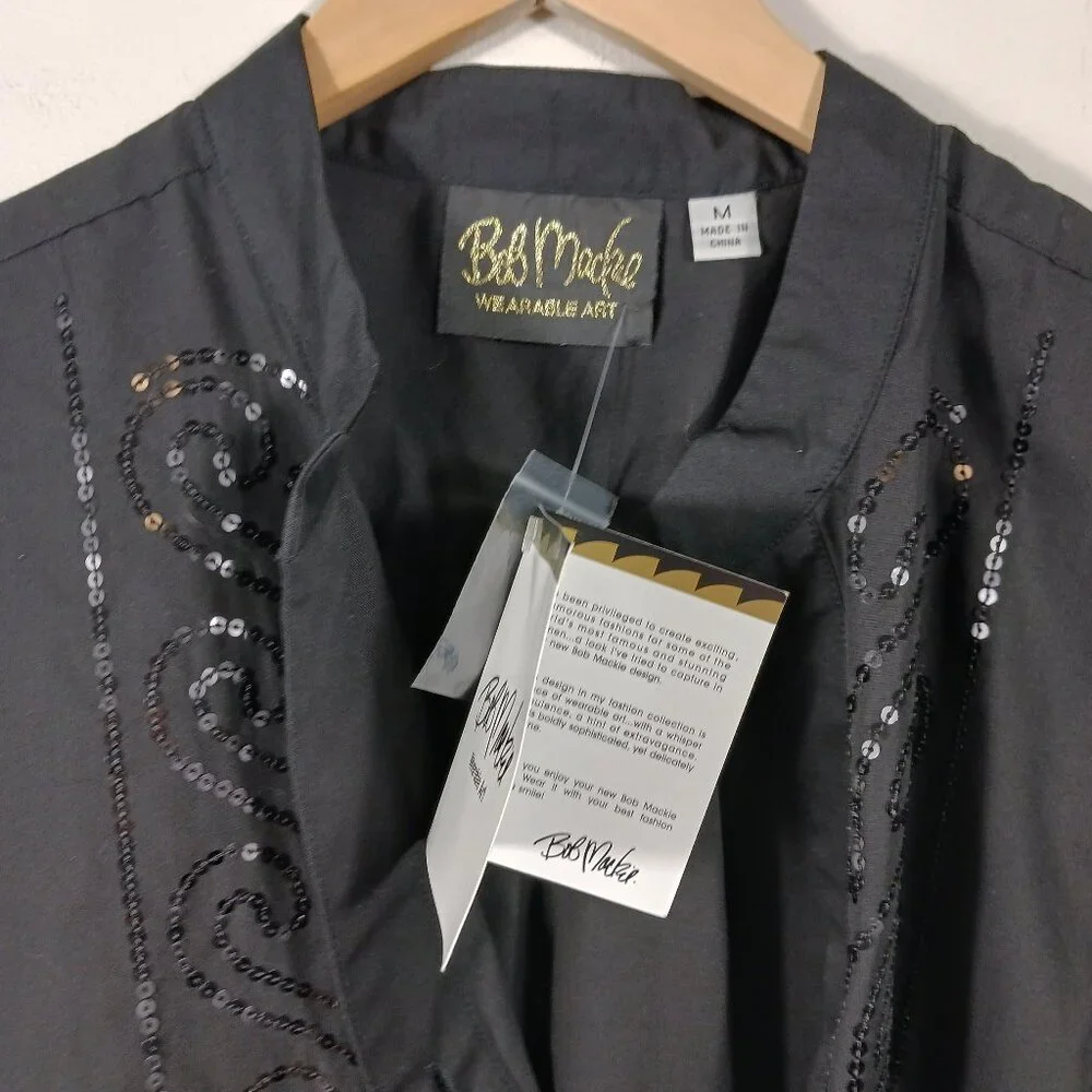 Bob Mackie NWT, Size Med., Black Button Down Shirt W/Sequins, Mandarin Collar - Picture 3 of 14